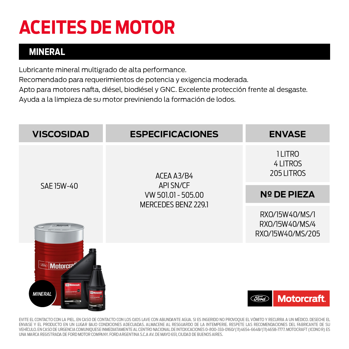 ACEITE MINERAL 15W40 X 1 LT (MOTORCRAFT), , large image number 1